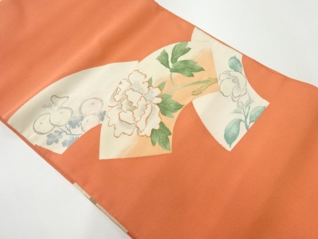 リサイクル　綴れ地紙に牡丹・万寿菊模様織出し名古屋帯